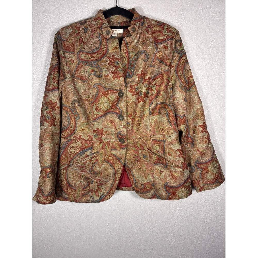 Coldwater Creek Womens Paisley Tapestry Blazer mandarin collar Size 14